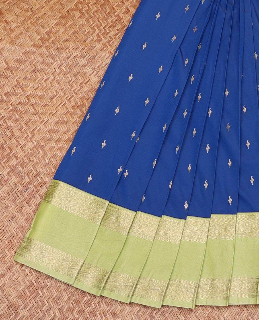 Royal Blue Budget Silk Saree, Accentuated with Zari Buttas, Contrast Traditional Zari Rettai Pettu Border, Grand Pallu, and a Contrast Blouse