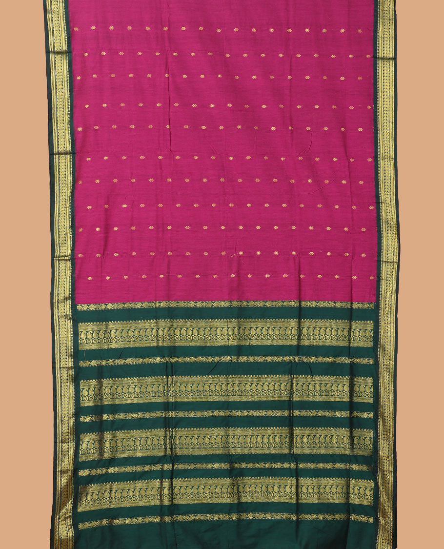 Pink buttas nine-yard cotton saree, contrast traditional zari border, and pallu of traditional designs