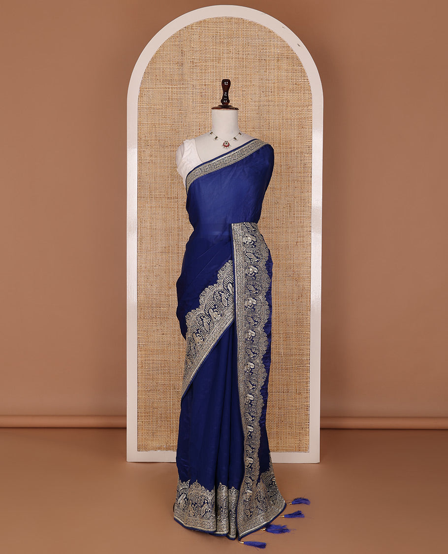 Navy blue plain designer saree with intricate embroidered border