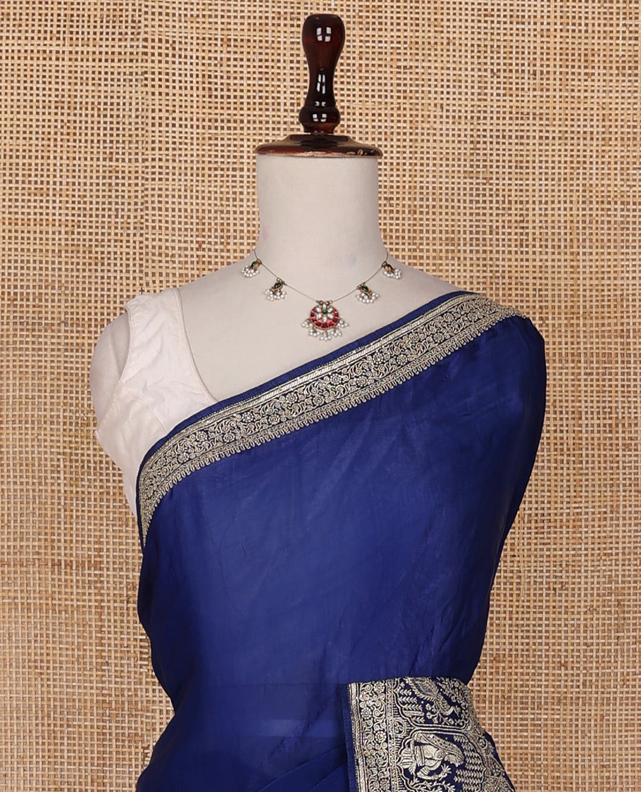 Navy blue plain designer saree with intricate embroidered border