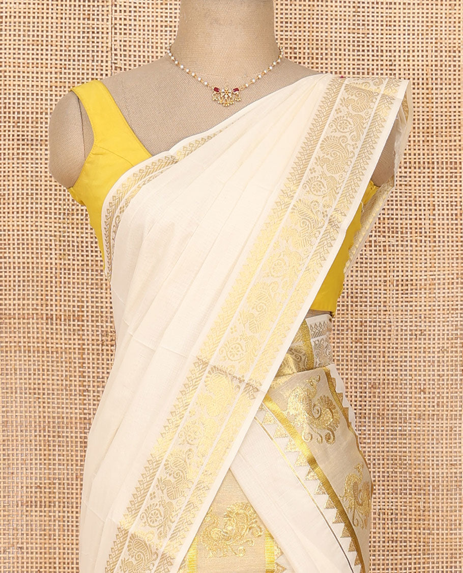 Cream temple and peacock zari designs Kerala mundu set, traditional zari border