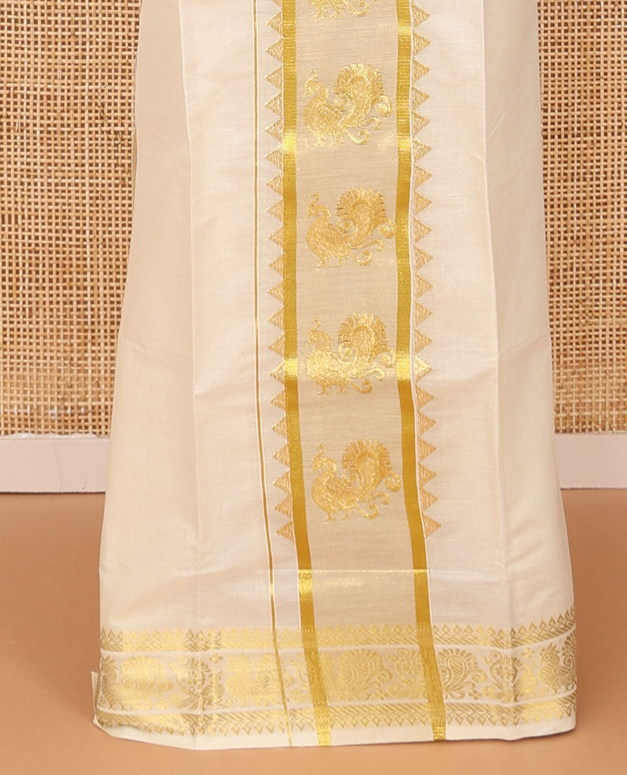Cream temple and peacock zari designs Kerala mundu set, traditional zari border