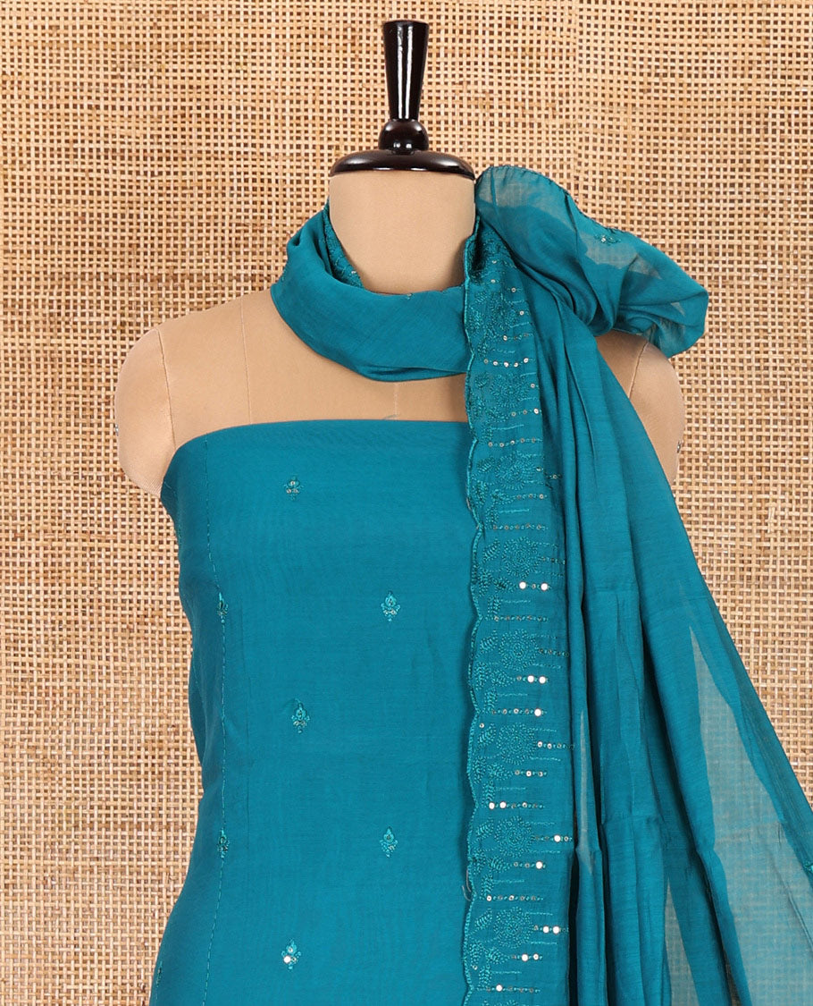 Rama green material chudidar set, Kashmir embroidered and sequins work mul chanderi top, plain santoon bottom, and scallop embroidered dupatta