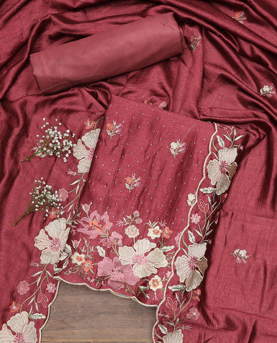 Wine material chudidar set, floral theme thread and stone embroidered top, plain bottom and scallop floral embroidered dupatta