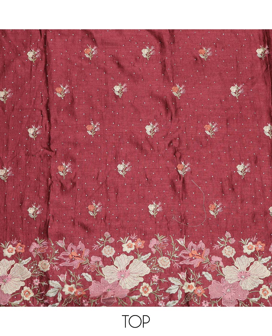 Wine material chudidar set, floral theme thread and stone embroidered top, plain bottom and scallop floral embroidered dupatta