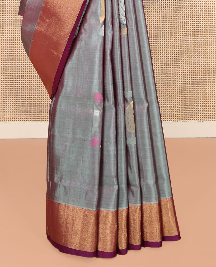 Grey Uppada Silk Saree, Elevated with Meena Buttas All Over Its Body, Complemented by Contrast Zari Bavanji Border, Captivating Contrast Pallu Steeped with Meena Buttas, and Paired with a Contrast Blouse