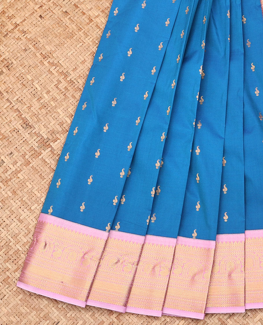 Blue Budget Silk Saree, Mesmerized with Zari Buttas All Over Its Body, Complemented by a Contrast Traditional Zari Design Border, Grand Jaal Pallu, and Paired with a Contrast Blouse