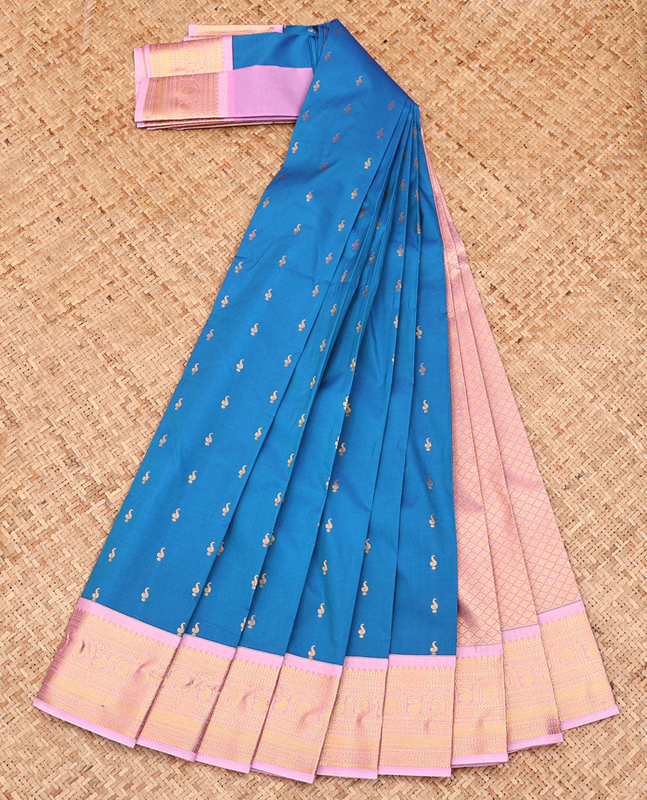 Blue Budget Silk Saree, Mesmerized with Zari Buttas All Over Its Body, Complemented by a Contrast Traditional Zari Design Border, Grand Jaal Pallu, and Paired with a Contrast Blouse