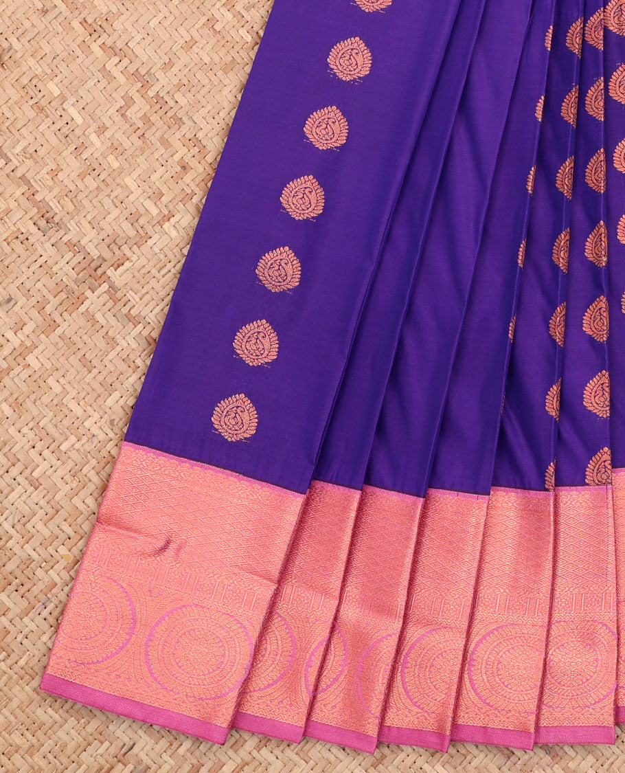 Violet Budget Silk Saree, Adorned with Zari Buttas All Over Its Body, Complemented by a Contrast Traditional Zari Border, Grand Jaal Pallu, and Paired with a Contrast Blouse