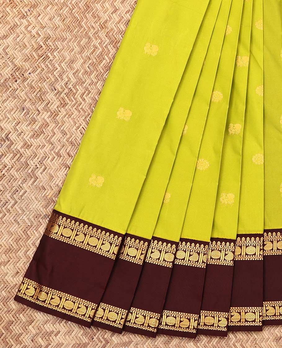 Parrot Green Budget Silk Saree, Sparsely Woven with Zari Buttas, Complemented by a Contrast Traditional Zari Rettai Pettu Border, Grand Pallu, and a Contrast Blouse