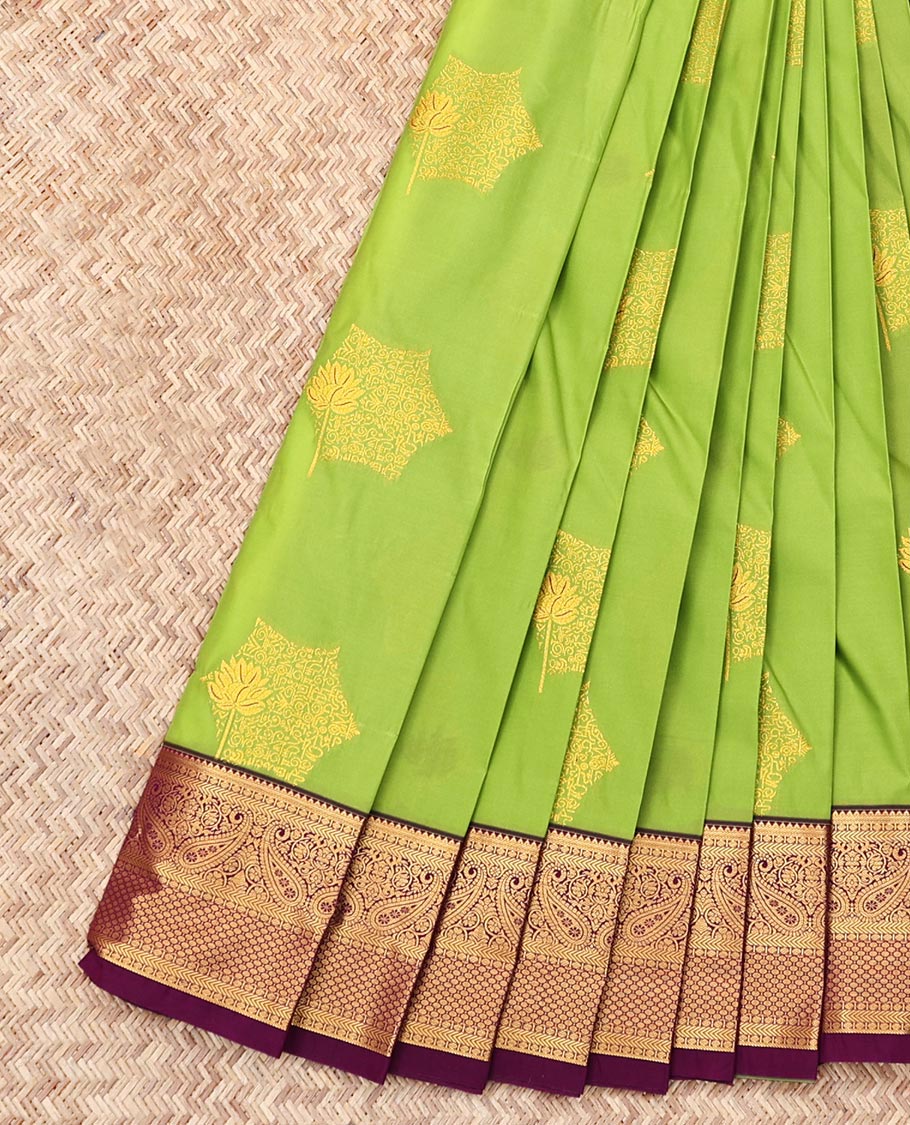 Green Budget Silk Saree, Gracefully Embellished with Zari Buttas, Contrast Traditional Zari Border, Grand Pallu, and a Contrast Blouse