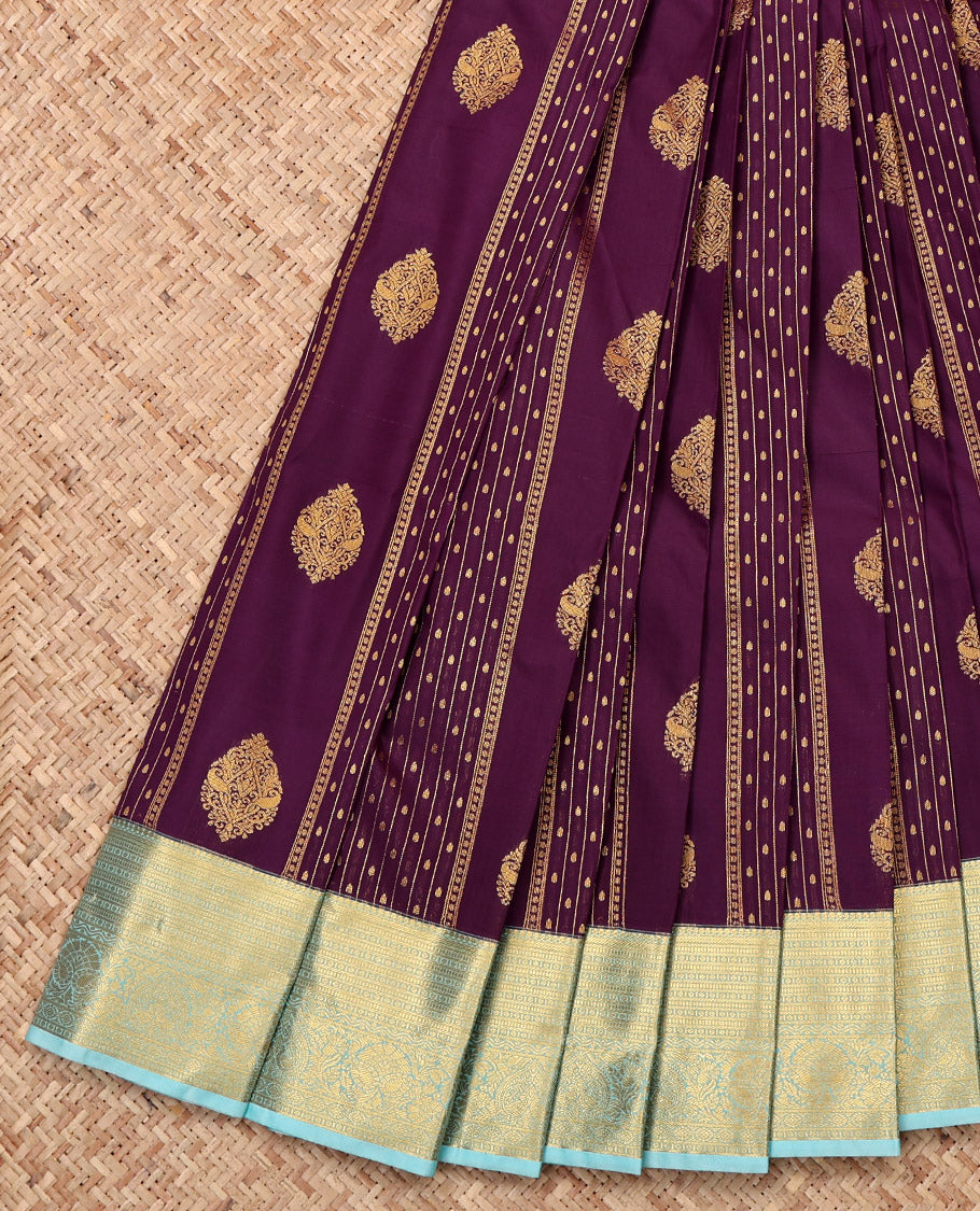 Purple Budget Silk Saree, Elegantly Highlighted with Zari Designs, Complemented by a Contrast Traditional Zari Border, Grand Pallu, and a Contrast Blouse