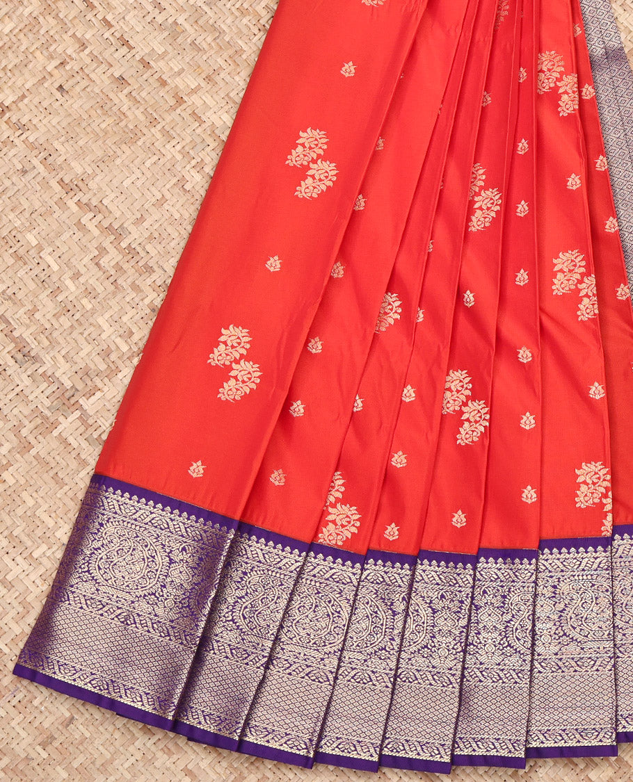 Red Budget Silk Saree, Graced with Zari Buttas on Its Body, Complemented by a Contrast Traditional Zari Border of Paisleys, Jaal Pallu, and Paired with a Contrast Blouse