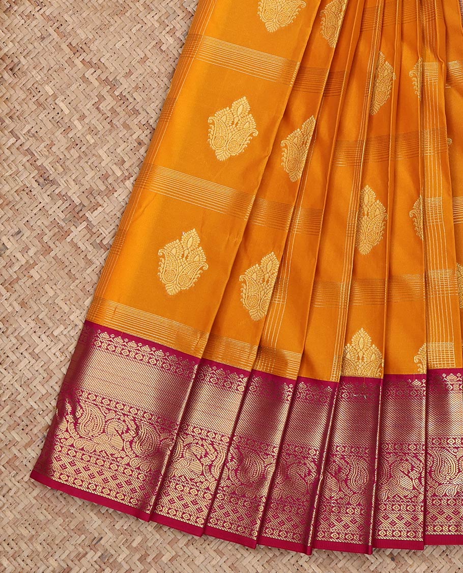 Manga Yellow Budget Silk Saree, Majestically Detailed with Zari Butta Enclosed Checks on Its Body, Complemented by a Contrast Traditional Zari Border, Grand Pallu, and Paired with a Contrast Blouse