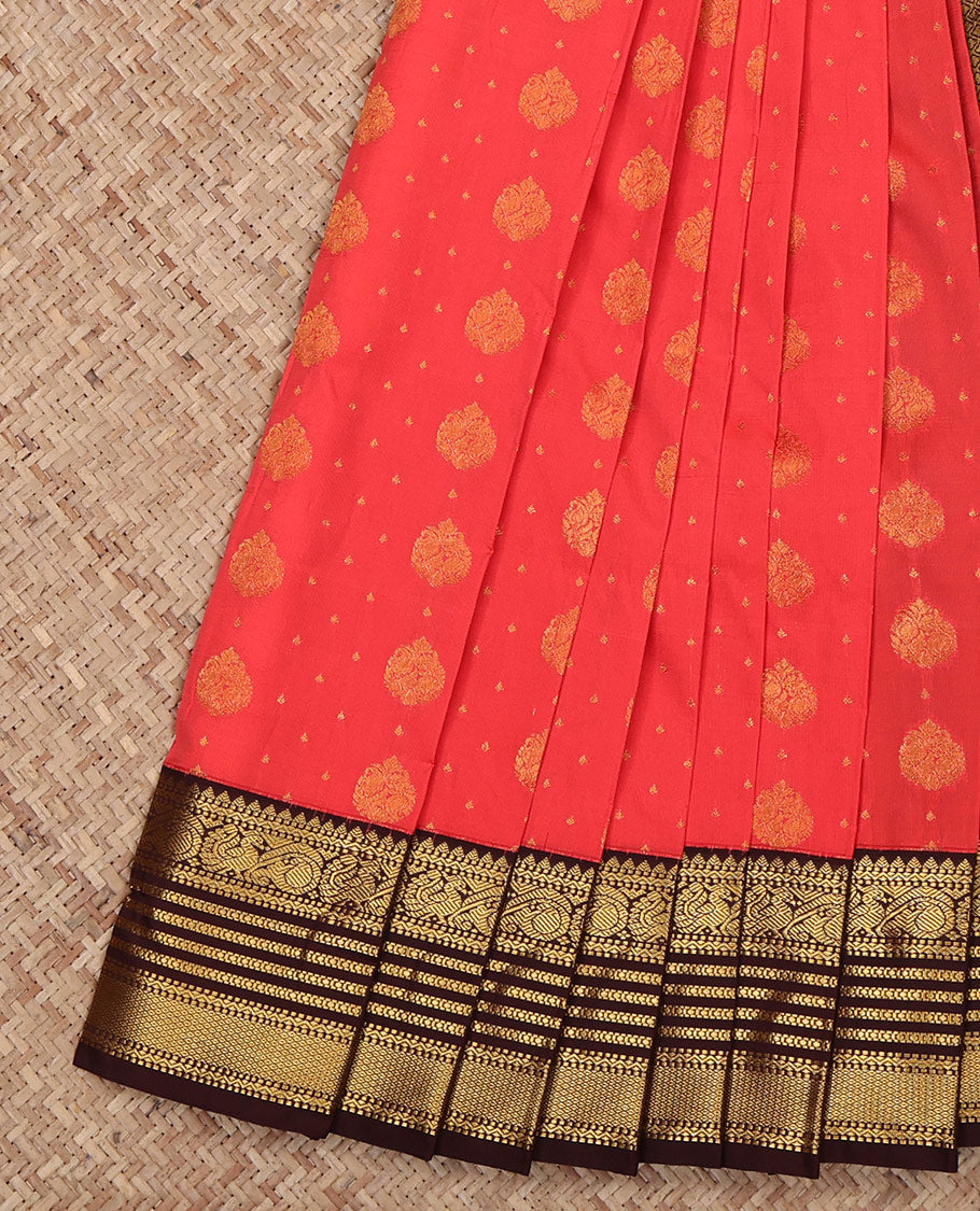Orange Budget Silk Saree, Boldly Accentuated with Zari Buttas All Over Its Body, Complemented by a Contrast Traditional Zari Design Border, Grand Jaal Pallu, and Paired with a Contrast Blouse