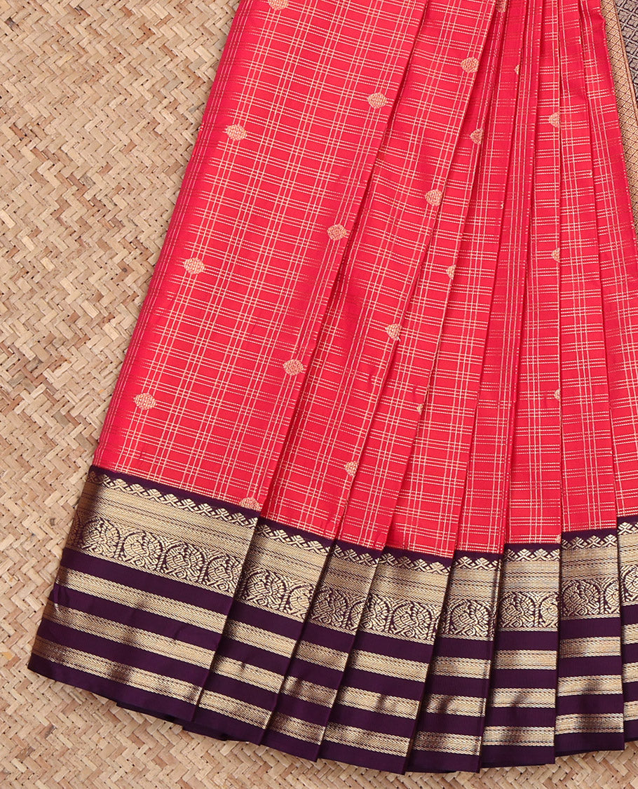 Red Budget Silk Saree, Richly Detailed with Zari Buttas and Zari Checked Design on Its Body, Complemented by a Contrast Traditional Zari Design Border, Grand Jaal Pallu, and Paired with a Contrast Blouse