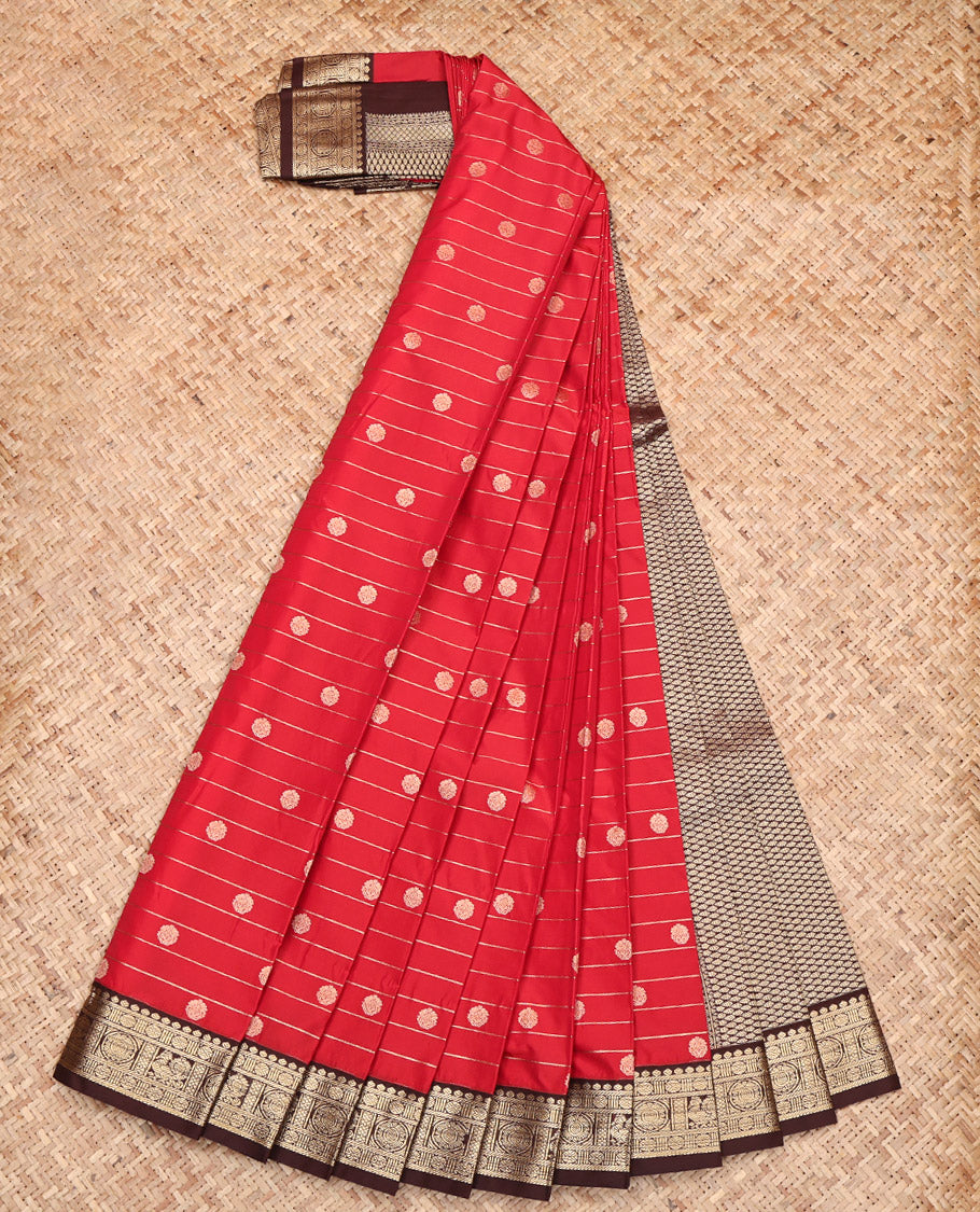 Red Budget Silk Saree, Boldly Accentuated with Zari Buttas and Stripes, Captivating Contrast Traditional Zari Design Border, Grand Jaal Pallu, and a Contrast Blouse