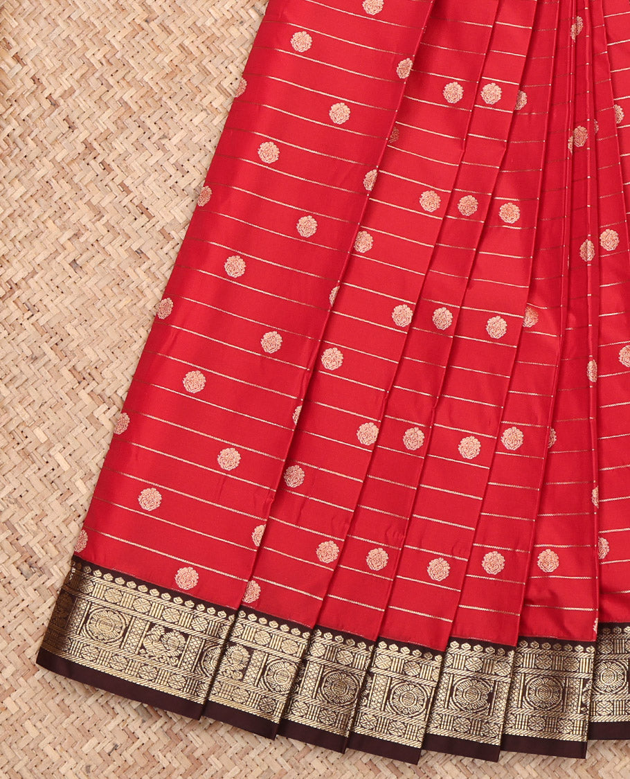 Red Budget Silk Saree, Boldly Accentuated with Zari Buttas and Stripes, Captivating Contrast Traditional Zari Design Border, Grand Jaal Pallu, and a Contrast Blouse