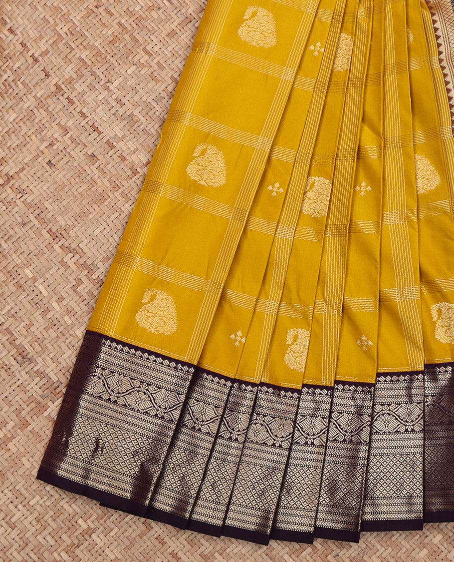 Yellow Budget Silk Saree, Subtly Sparkled with Zari Butta Enclosed Checks, Complemented by Contrast Traditional Border, Grand Pallu and a Contrast Blouse