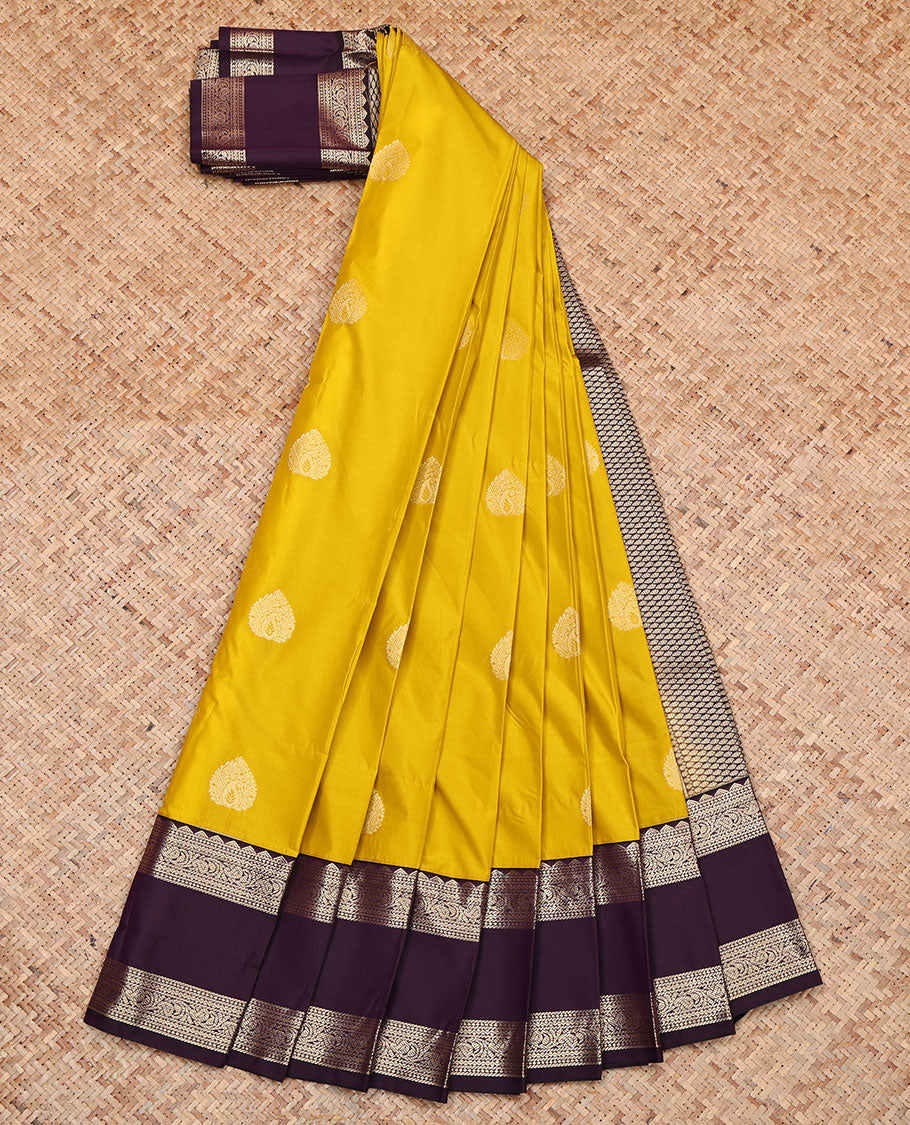 Mustard Budget Silk Saree, Sparsely Woven with Zari Buttas, Complemented by a Contrast Traditional Zari Rettai Pettu Border, Jaal Pallu, and a Contrast Blouse