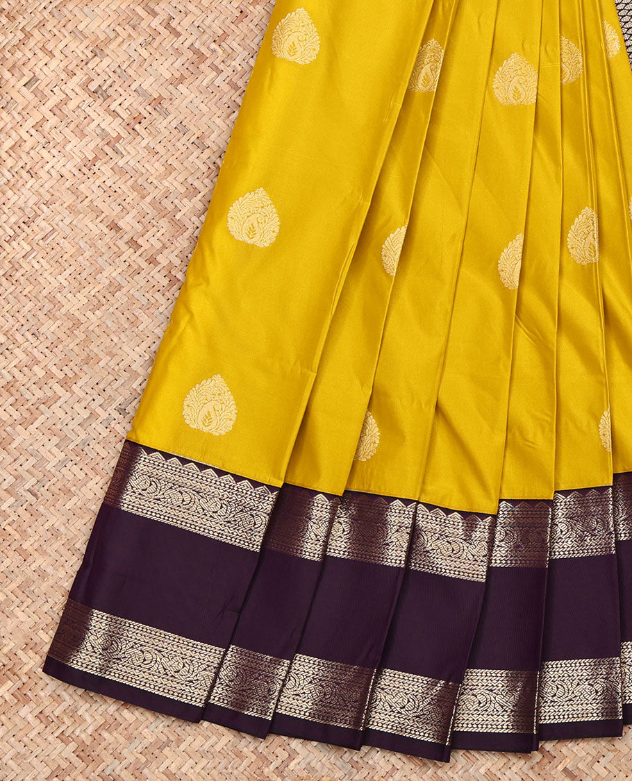 Mustard Budget Silk Saree, Sparsely Woven with Zari Buttas, Complemented by a Contrast Traditional Zari Rettai Pettu Border, Jaal Pallu, and a Contrast Blouse