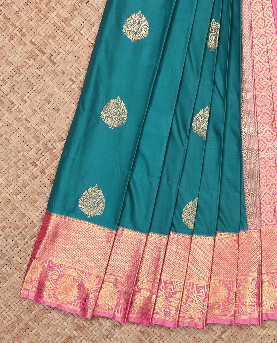 Green Budget Silk Saree, Subtly Woven with Zari Buttas, Complemented by Contrast Traditional Zari Border, Jaal Pallu and a Contrast Blouse