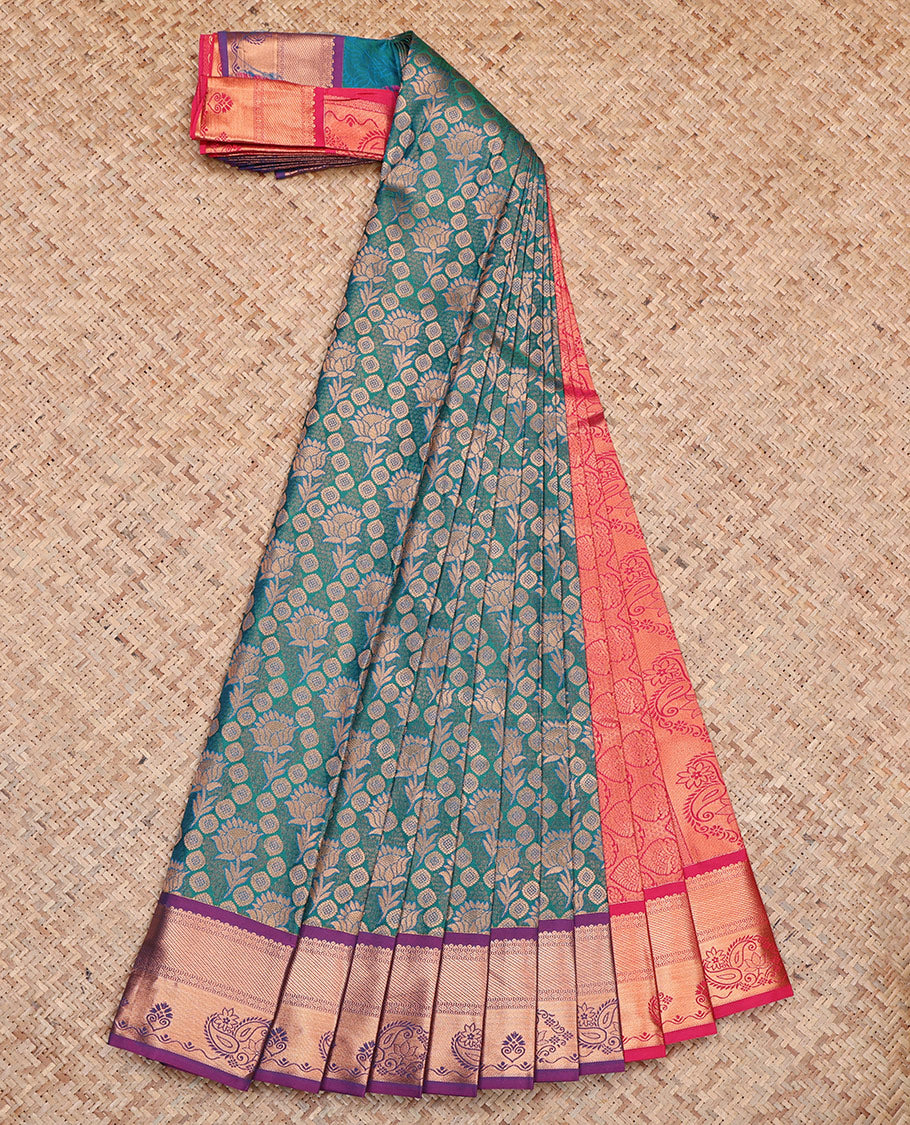 Blue Budget Silk Saree, Detailed with Jacquard, Complemented by Contrast Paisley Zari Border, Grand Pallu, and a Contrast Blouse