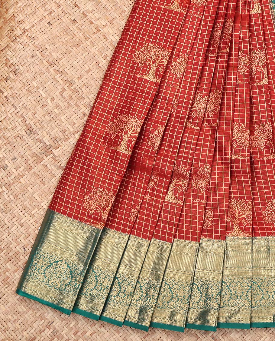 Orange Budget Silk Saree, Delicately Woven with Zari Buttas and Checks, Complemented by Contrast Traditional Zari Border, Intricate Pallu, and Contrast Blouse