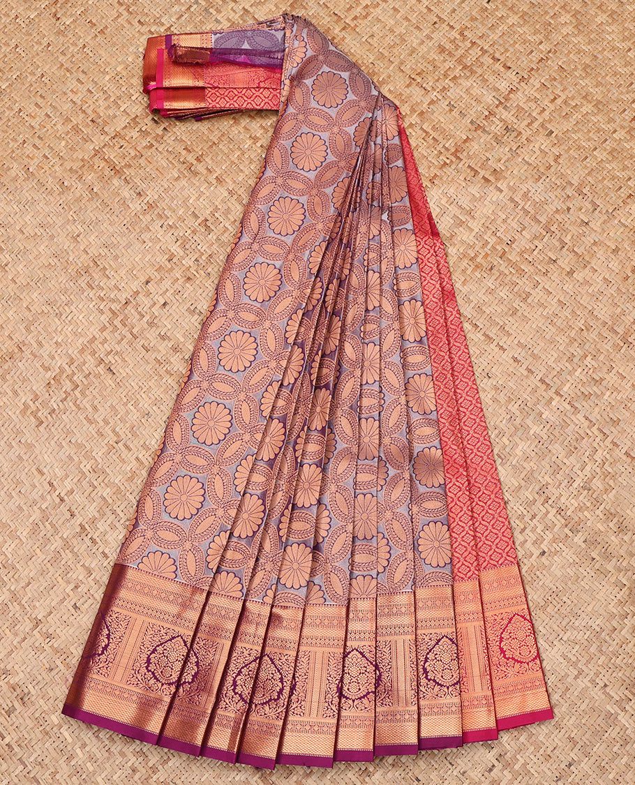 Grey Budget Silk Saree, Subtly Enriched with Jacquard Design, Complemented by a Contrast Floral Creeper Zari Border, Jaal Pallu, and Contrast Blouse