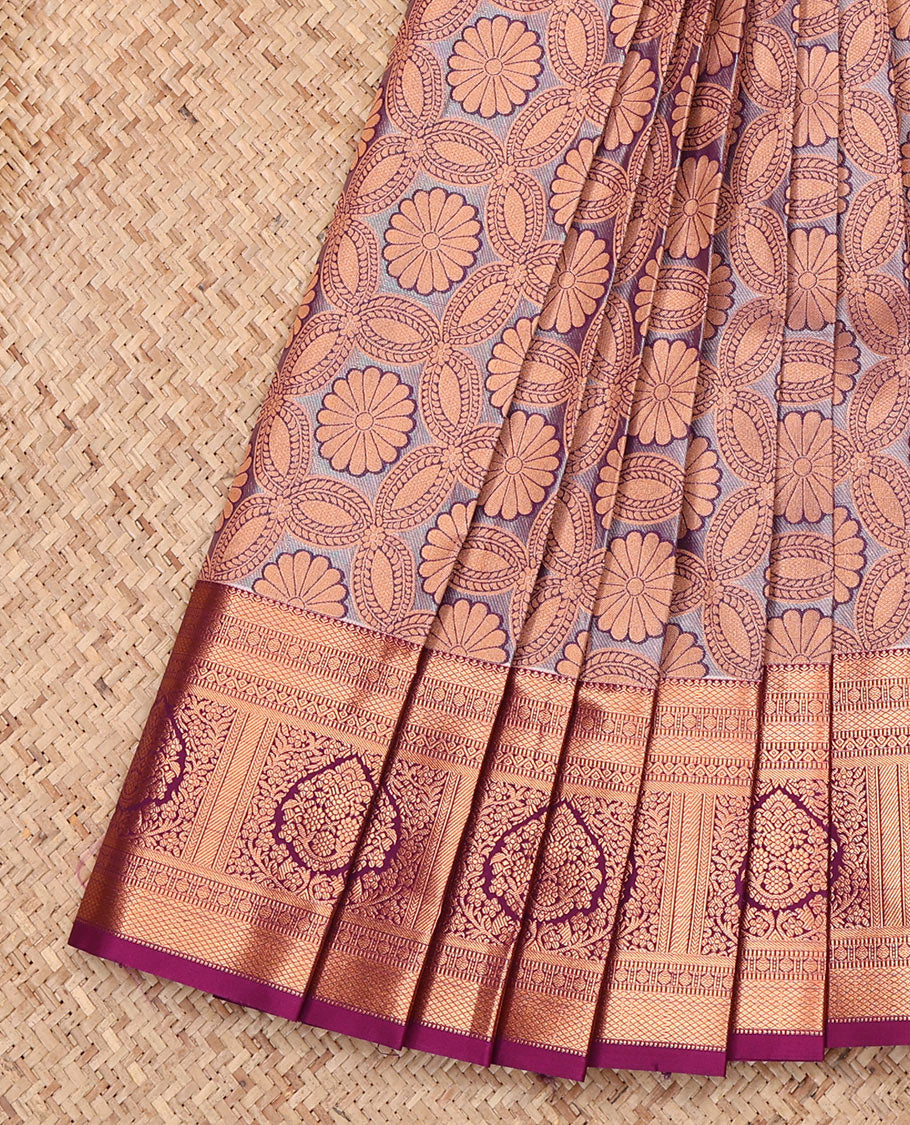 Grey Budget Silk Saree, Subtly Enriched with Jacquard Design, Complemented by a Contrast Floral Creeper Zari Border, Jaal Pallu, and Contrast Blouse