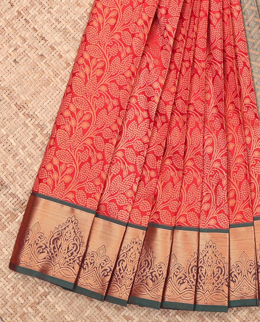 Red Budget Silk Saree, Bedecked with Jacquard Design, Complemented by a Contrast Zari Border, Grand Pallu, and a Contrast Blouse