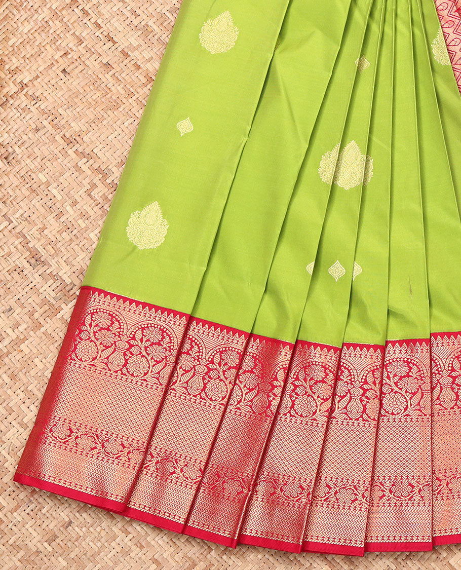 Parrot Green Budget Silk Saree, Adorned with Zari Buttas, Complemented by Contrast Traditional Zari Border, Grand Pallu, and a Contrast Blouse