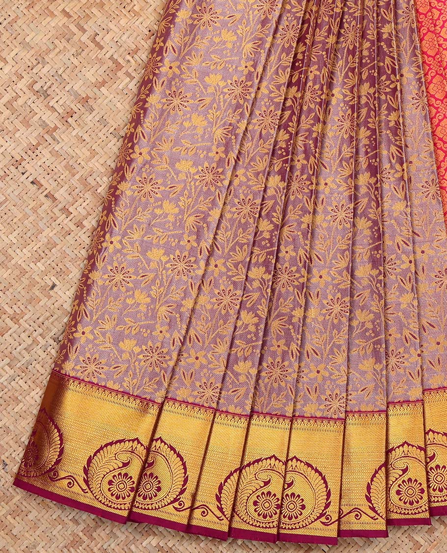 Onion Color Budget Silk Saree, Delicately Woven Floral Jacquard Design, Complemented by Contrast Traditional Zari Border, a Jaal Pallu and a Contrast Blouse