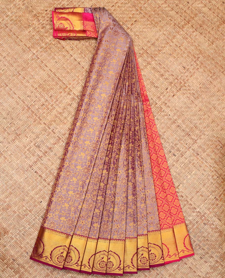 Onion Color Budget Silk Saree, Delicately Woven Floral Jacquard Design, Complemented by Contrast Traditional Zari Border, a Jaal Pallu and a Contrast Blouse