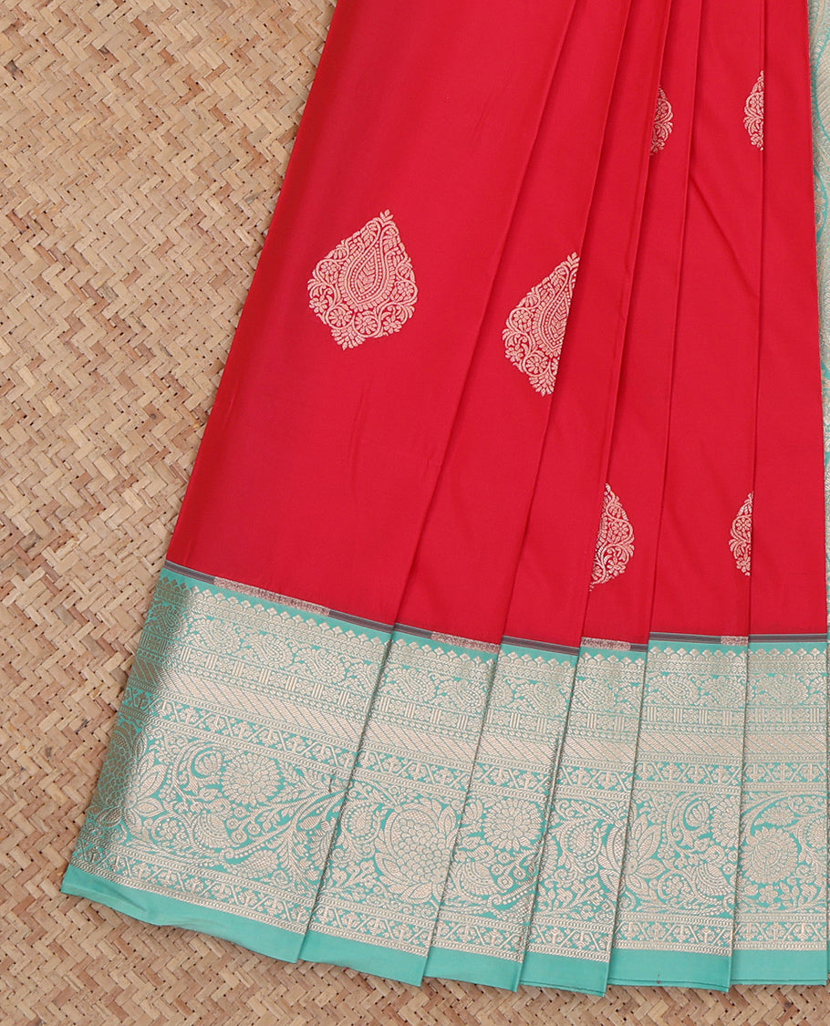 Red Budget Silk Saree, Mesmerized with Zari Buttas, Complemented by a Contrast Traditional Zari Border, Grand Pallu, and a Contrast Blouse
