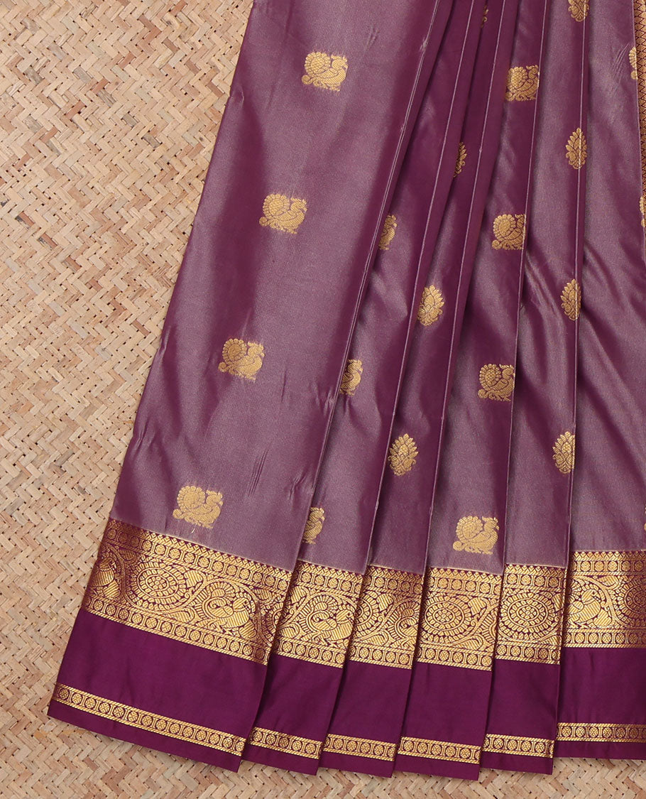 Purple Budget Silk Saree, Mesmerized with Peacock-Floral Buttas, a Contrast Traditional Zari Border, a Jaal Pallu and a Contrast Blouse