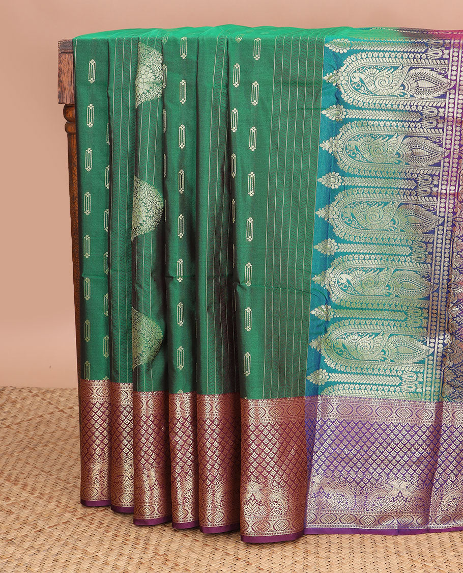 Dark green striped, floral design gift saree with contrast zari design border & argyle design pallu