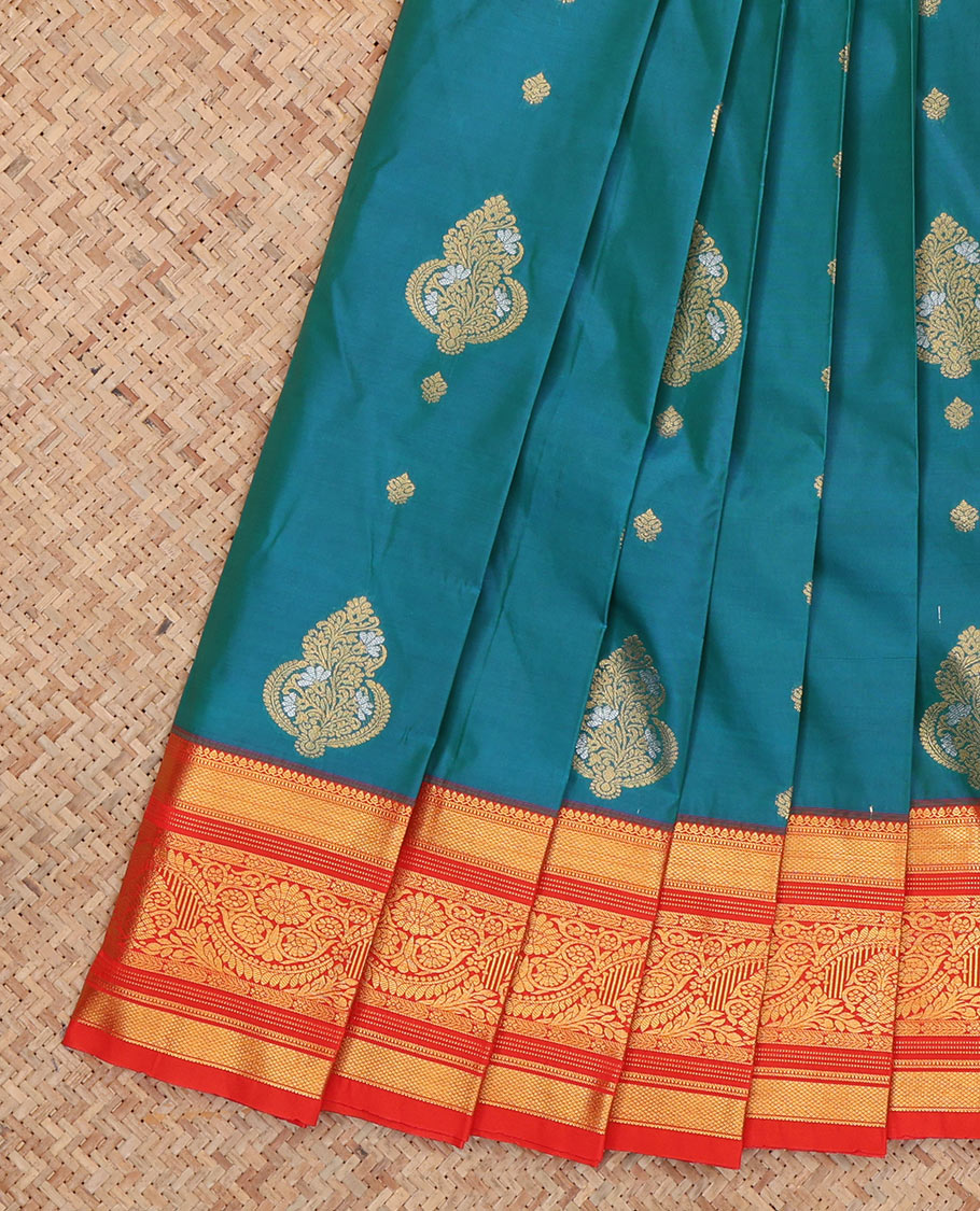Blue Budget Silk Saree, Enlivened with Zari Buttas, Complemented by Contrast Traditional Zari Border, a Jaal Pallu and a Contrast Blouse