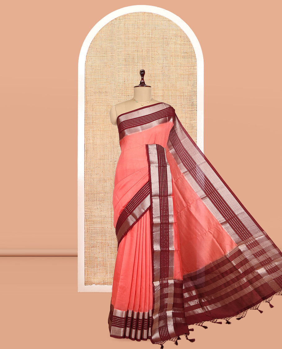 Peach Plain Assam Silk Saree, Complemented by Contrast Traditional Zari Border, Zari Woven Pallu, and Contrast Blouse