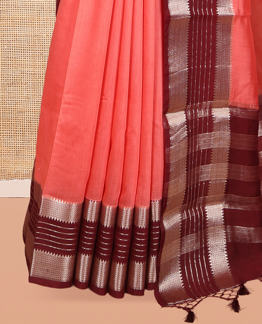 Peach Plain Assam Silk Saree, Complemented by Contrast Traditional Zari Border, Zari Woven Pallu, and Contrast Blouse