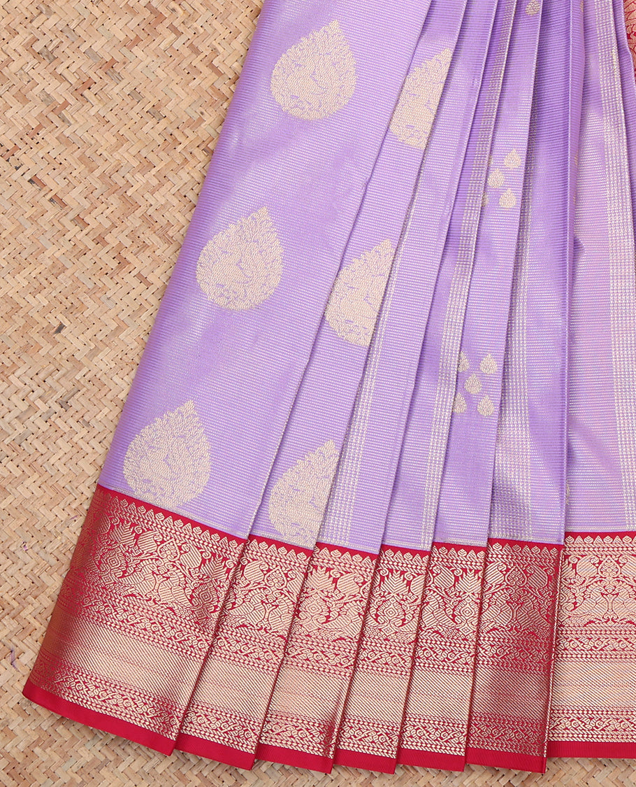 Lavender Budget Silk Saree, Beautified with Zari Buttas and Stripes, a Contrast Traditional Zari Border, Paisley Pallu, and a Contrast Blouse
