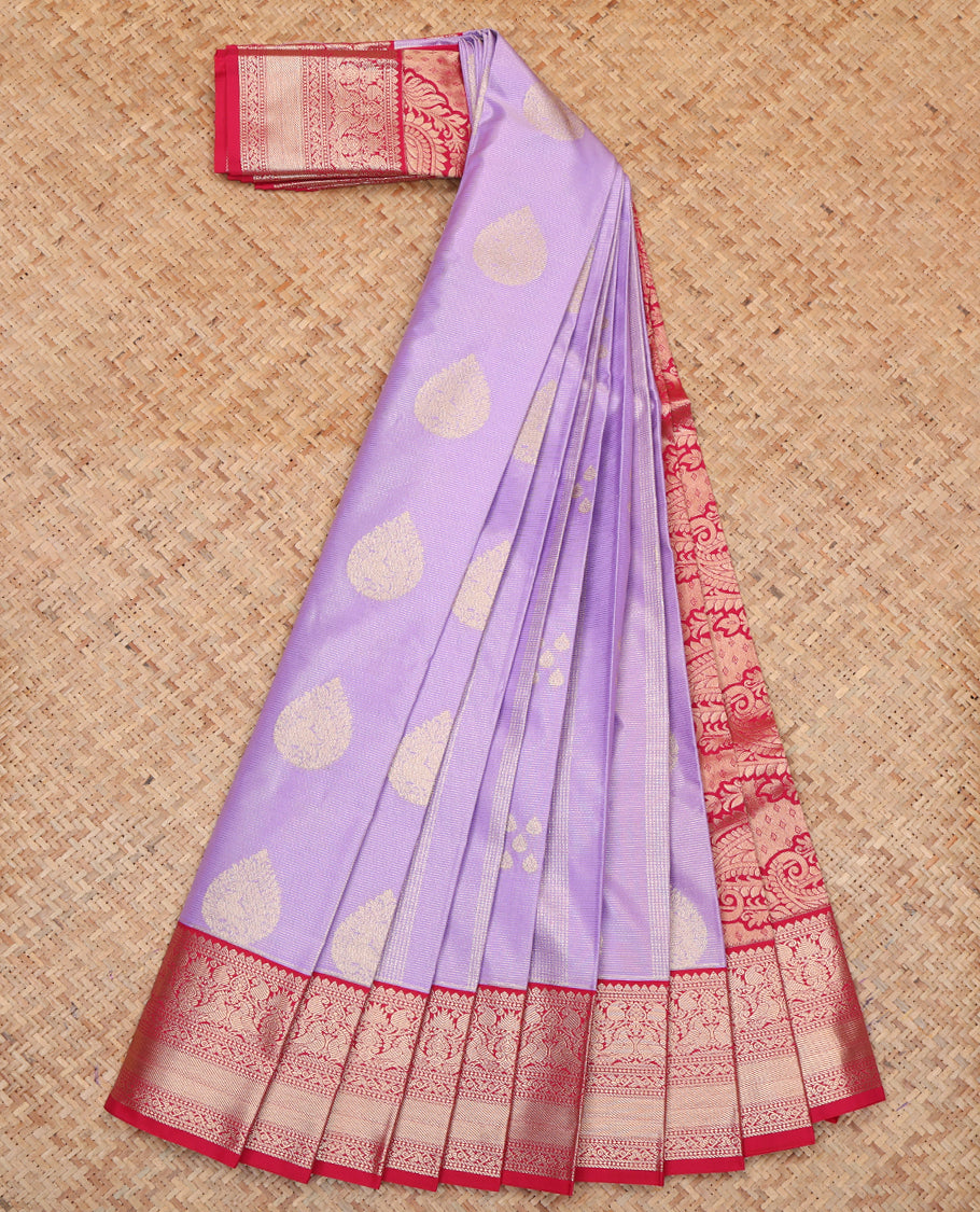 Lavender Budget Silk Saree, Beautified with Zari Buttas and Stripes, a Contrast Traditional Zari Border, Paisley Pallu, and a Contrast Blouse