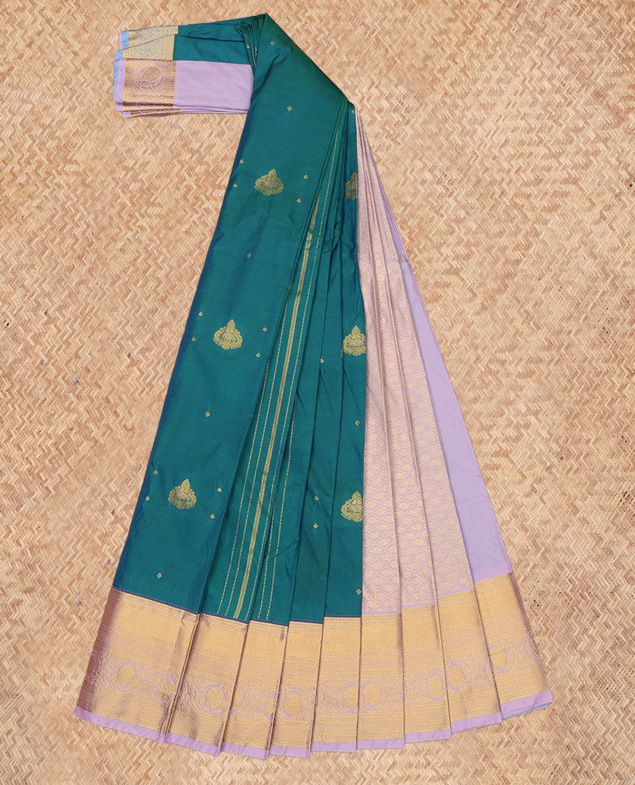 Peacock Blue Budget Silk Saree, Accentuated with Zari Buttas and Stripes, a Contrast Traditional Zari Border, Grand Jaal Pallu, and a Contrast Blouse
