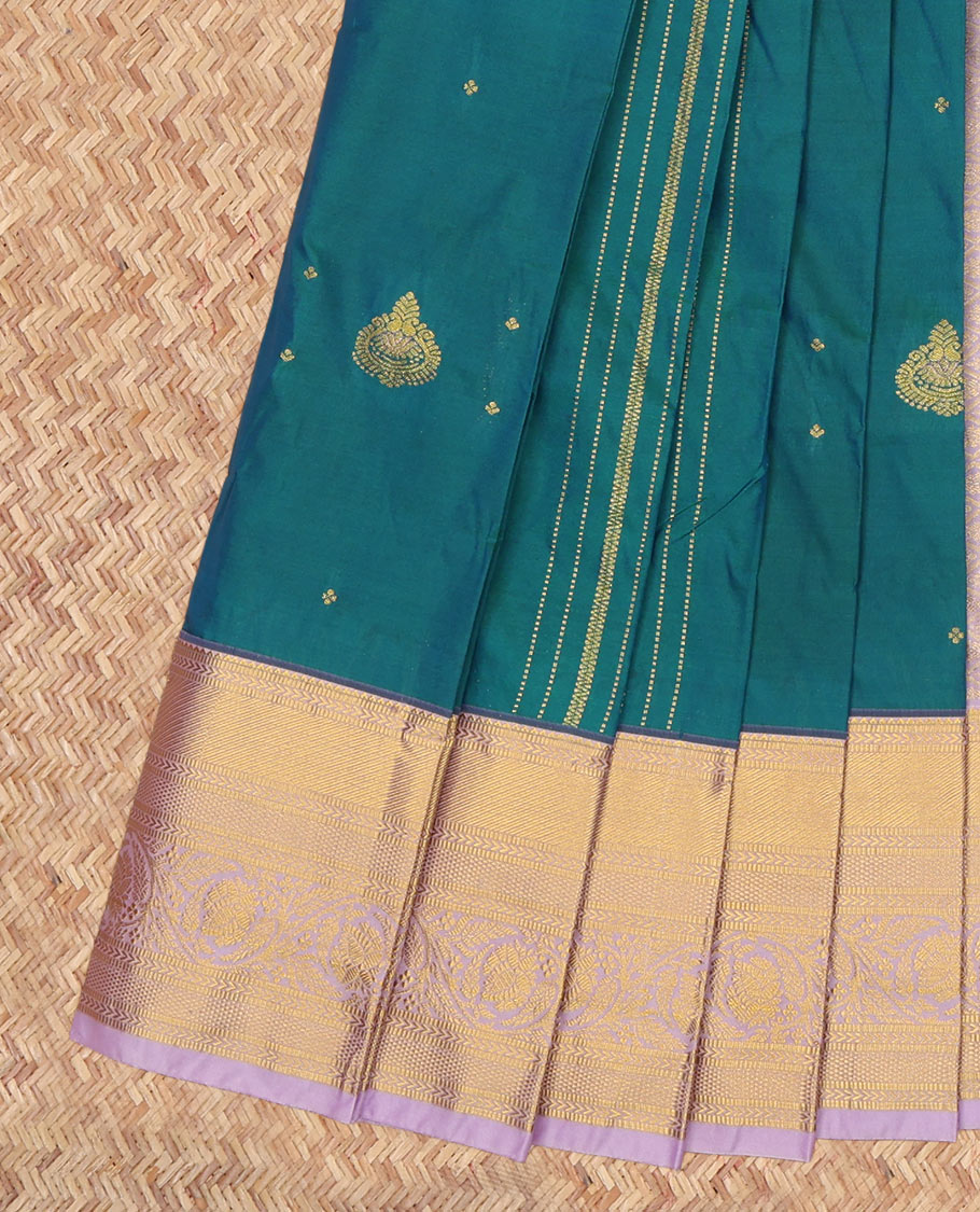 Peacock Blue Budget Silk Saree, Accentuated with Zari Buttas and Stripes, a Contrast Traditional Zari Border, Grand Jaal Pallu, and a Contrast Blouse