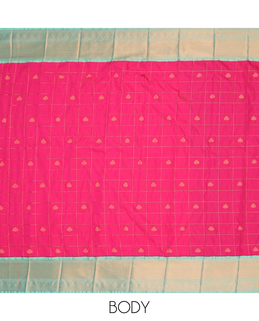 Pink zari buttas enclosed checked gift saree, contrast traditional zari border, and intricate pallu