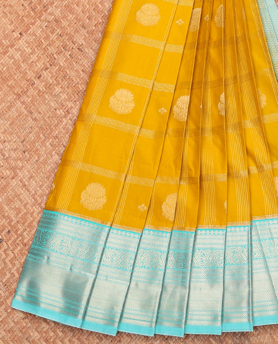 Yellow Budget Silk Saree, Sparsely Woven with Zari Buttas and Checks, Complemented by a Contrast Traditional Zari Border, Subtly Sparkled Pallu, and Contrast Blouse