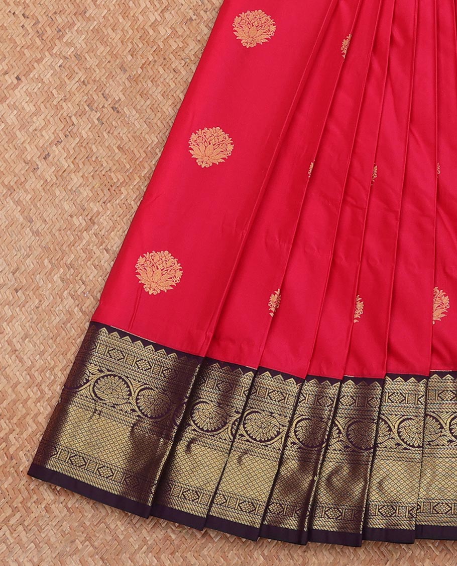 Red Budget Silk Saree, Graced with Zari Buttas, Complemented by Contrast Traditional Zari Border, Grand Pallu, and Contrast Blouse
