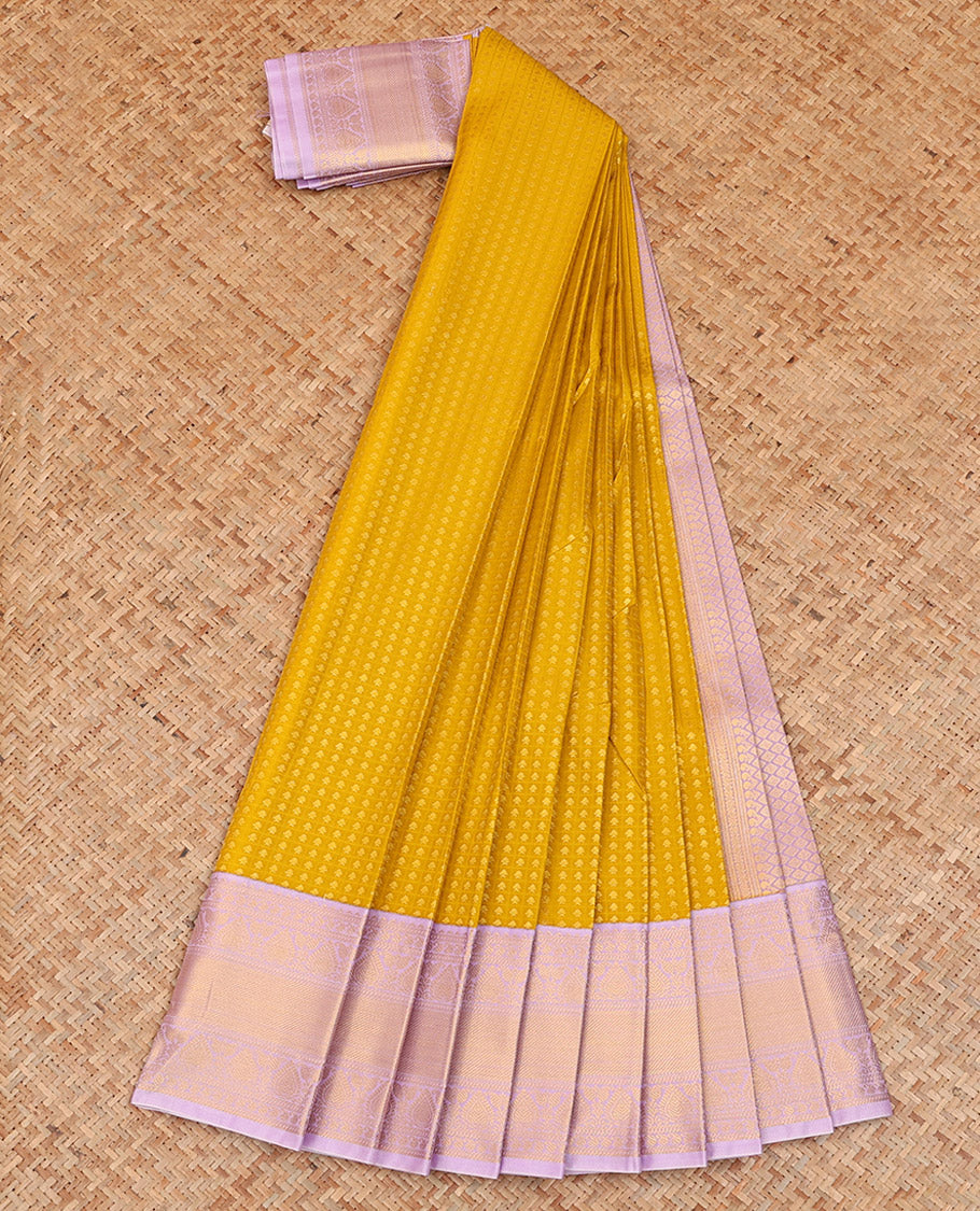 Yellow Budget Silk Saree Prettified with Butta Enclosed Sparsely Checks, Highlighted with a Contrast Traditional Zari Design Border, Pallu of Jaal Design, and Paired with a Contrast Blouse