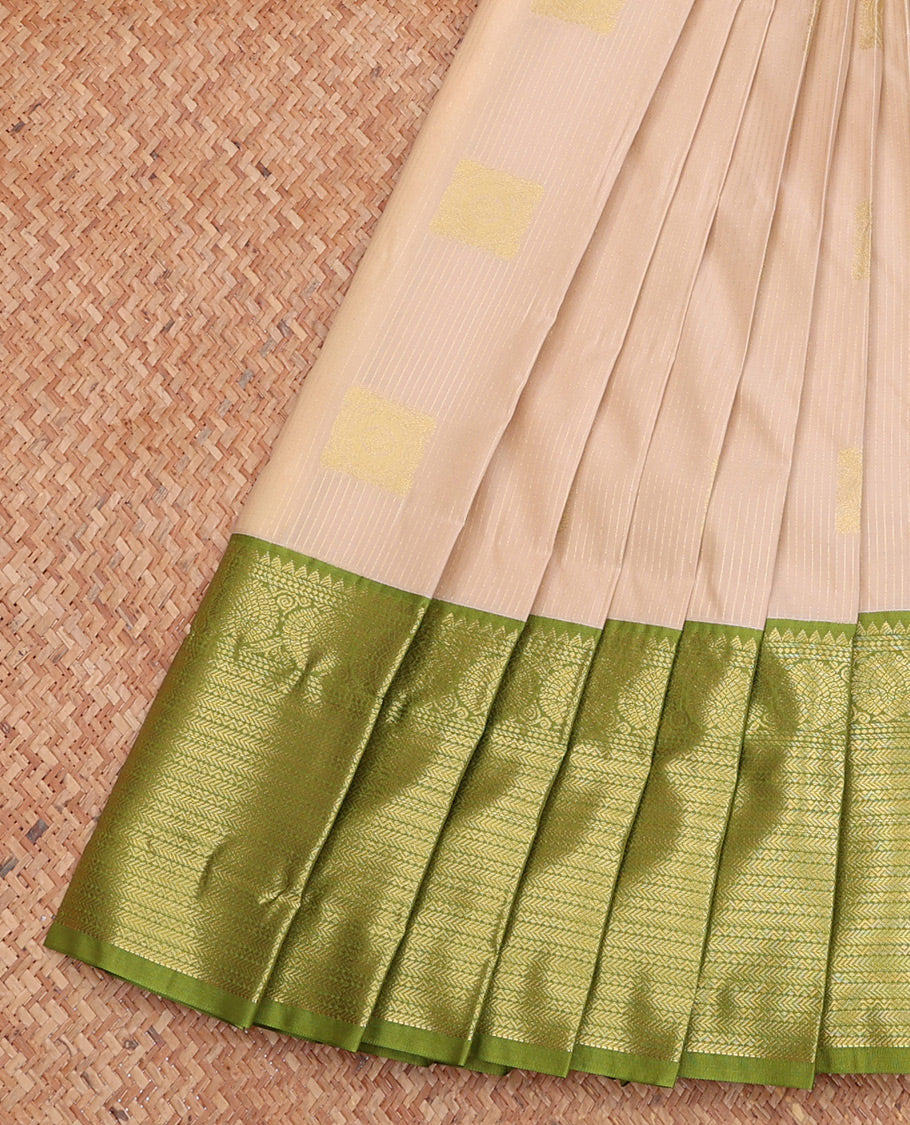 Beige Budget Silk Saree, Sparsely Threaded with Zari Buttas and Stripes, Complemented by a Contrast Traditional Zari Border, Jaal Pallu, and Contrast Blouse