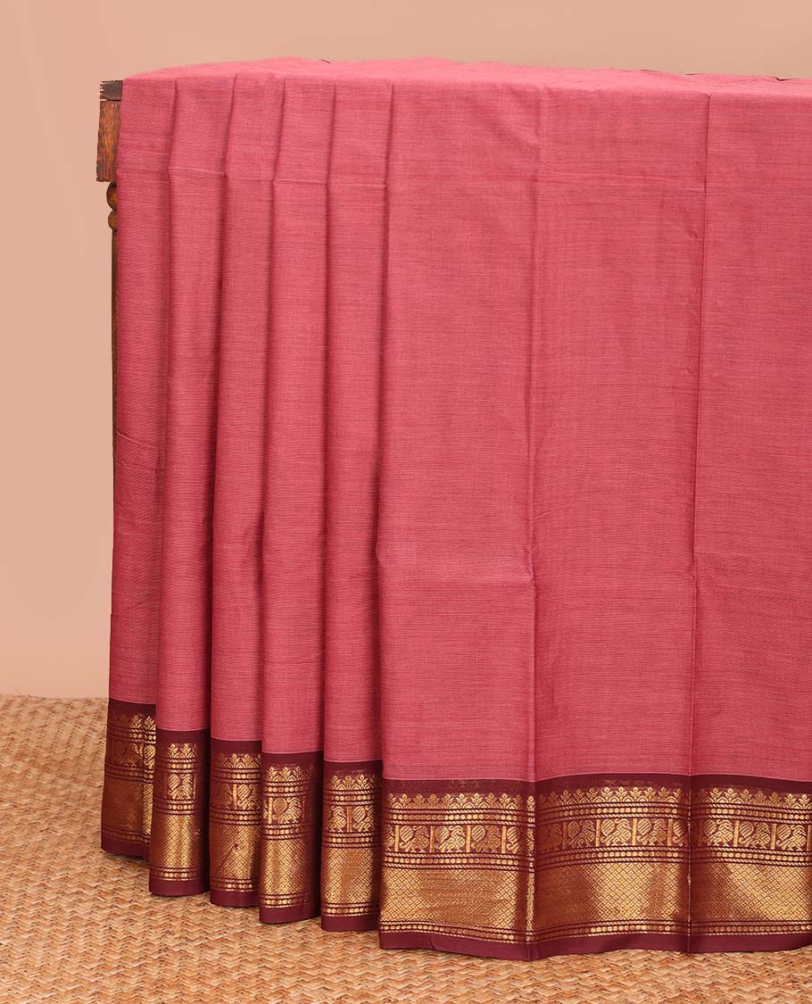 Red plain design chettinad cotton saree, contrast traditional motifs zari woven border, and striped pallu